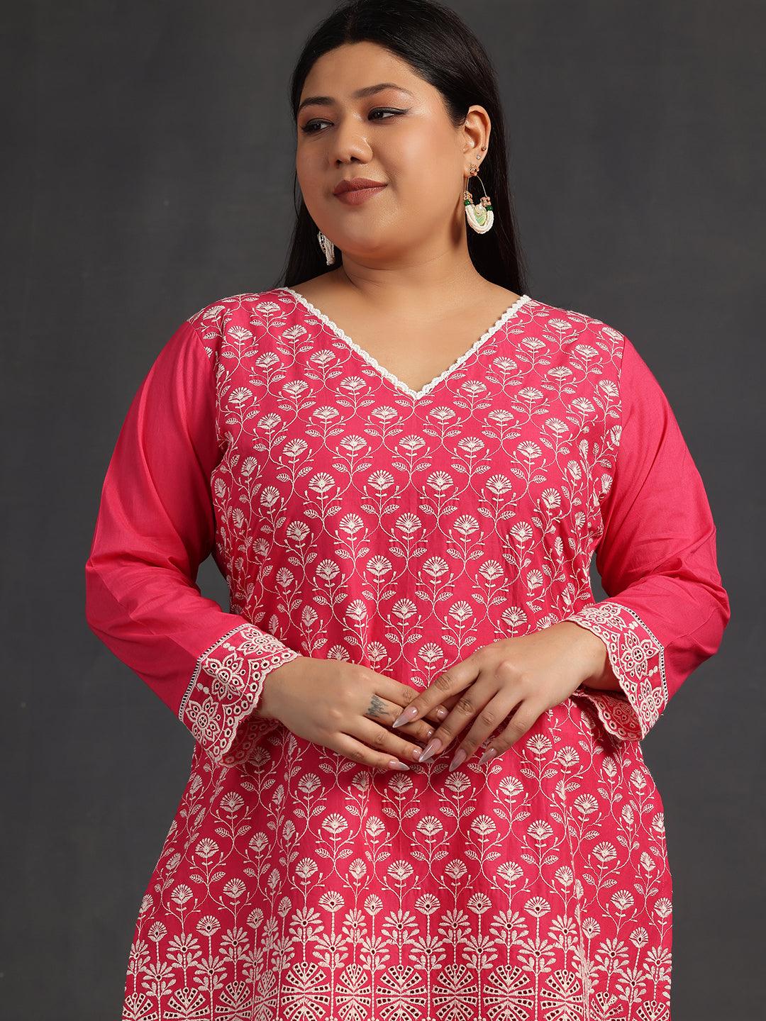 Plus Size Pink Embroidered Cotton Co-Ords - Libas 