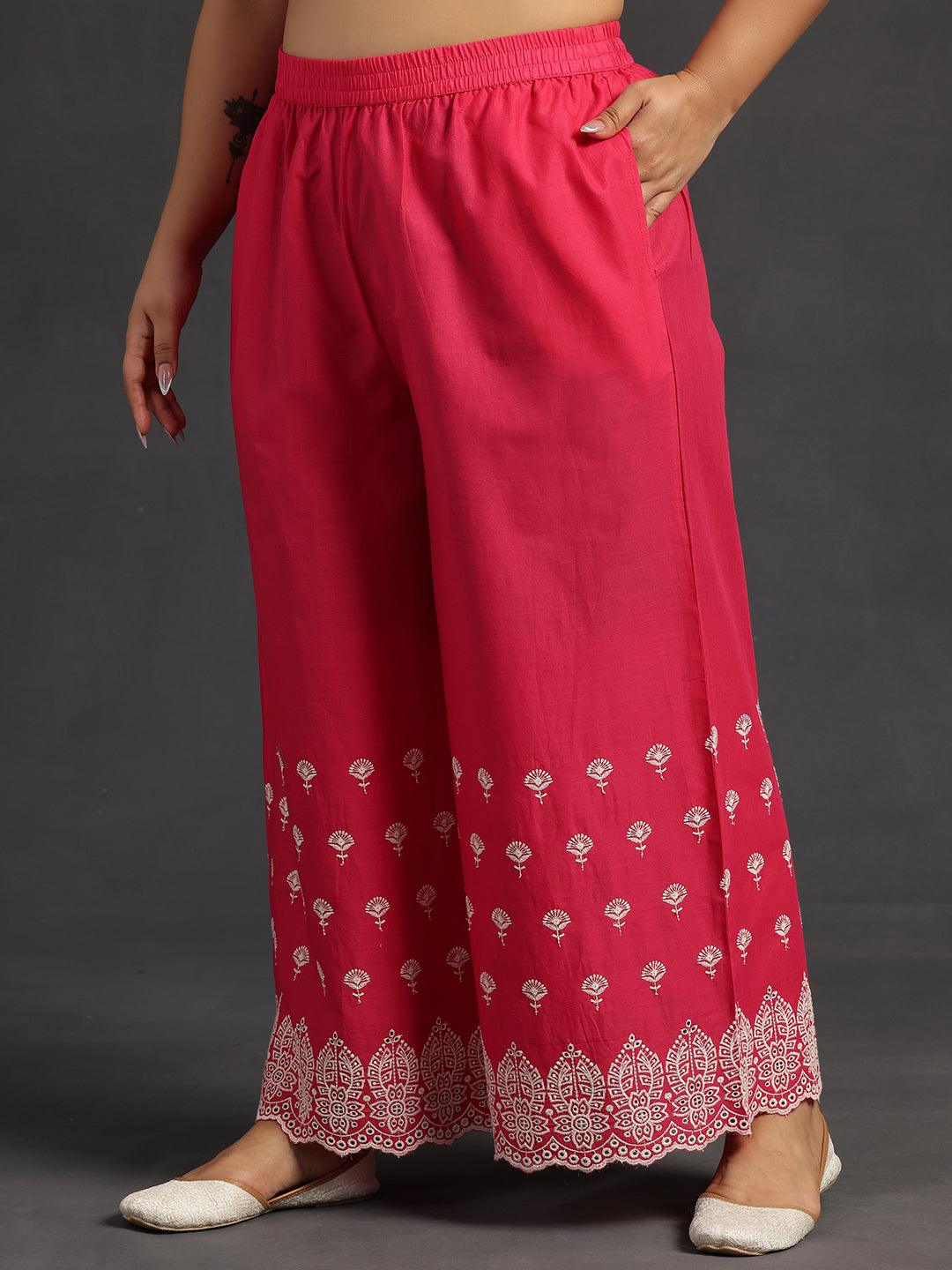 Plus Size Pink Embroidered Cotton Co-Ords - Libas 