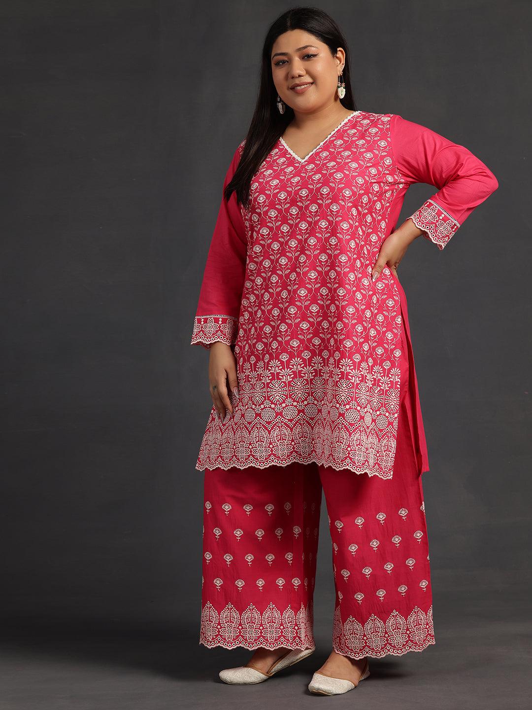 Plus Size Pink Embroidered Cotton Co-Ords - Libas 