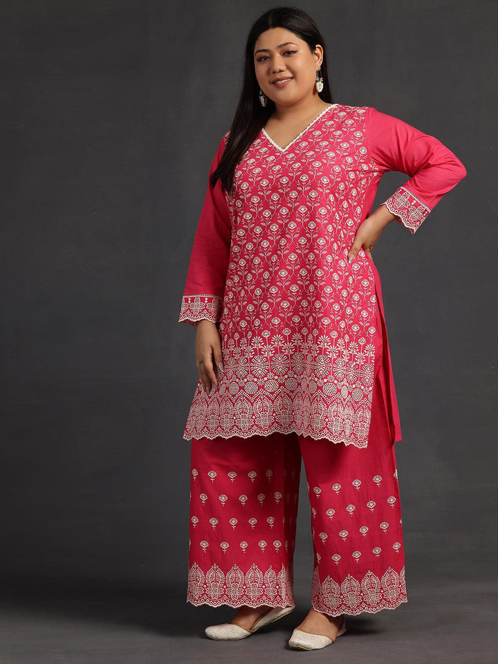 Plus Size Pink Embroidered Cotton Co-Ords - Libas