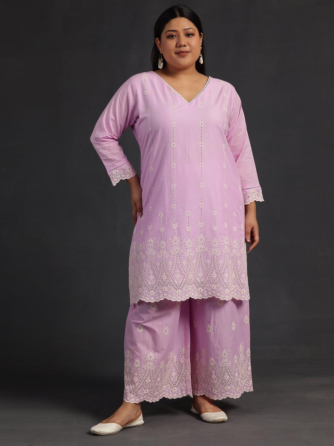 Plus Size Lavender Embroidered Cotton Co-Ords - Libas