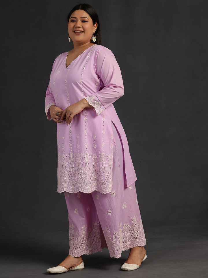 Plus Size Lavender Embroidered Cotton Co-Ords - Libas