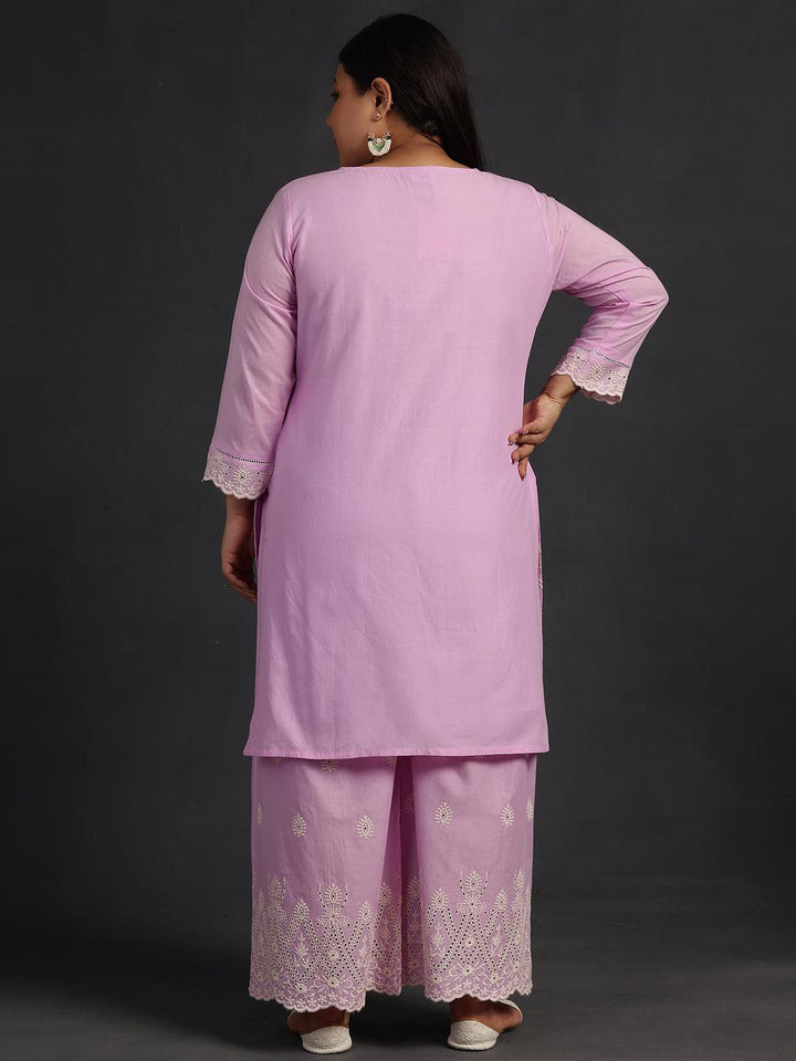 Plus Size Lavender Embroidered Cotton Co-Ords - Libas