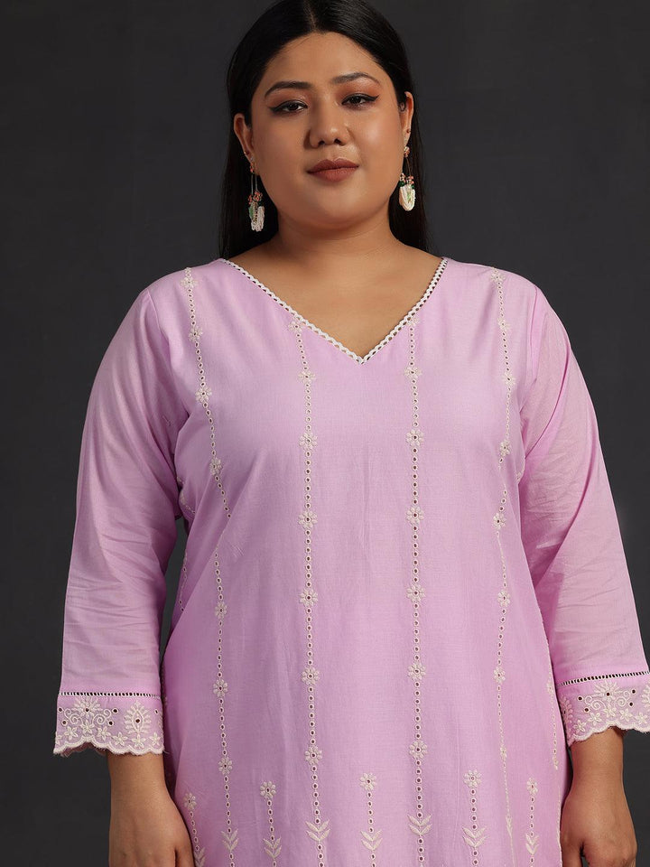 Plus Size Lavender Embroidered Cotton Co-Ords - Libas