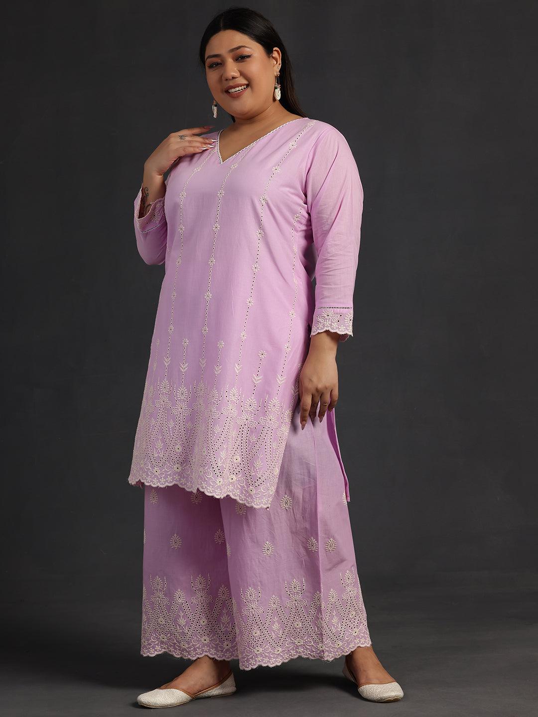 Buy Plus Size Lavender Embroidered Cotton Co-Ords Online At Rs.1799 | Libas