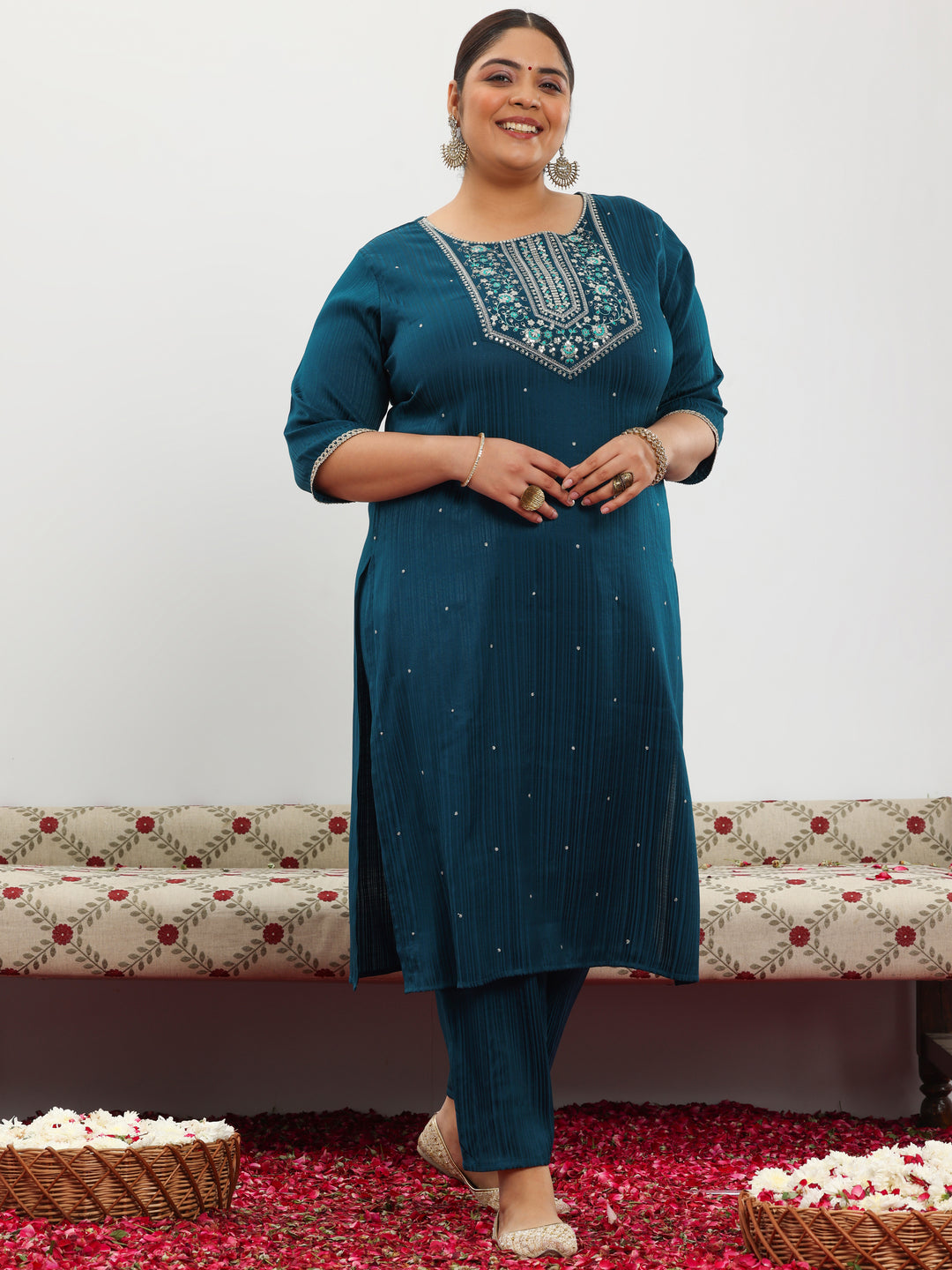 Plus Size Blue Embroidered Silk Blend Straight Kurta Set