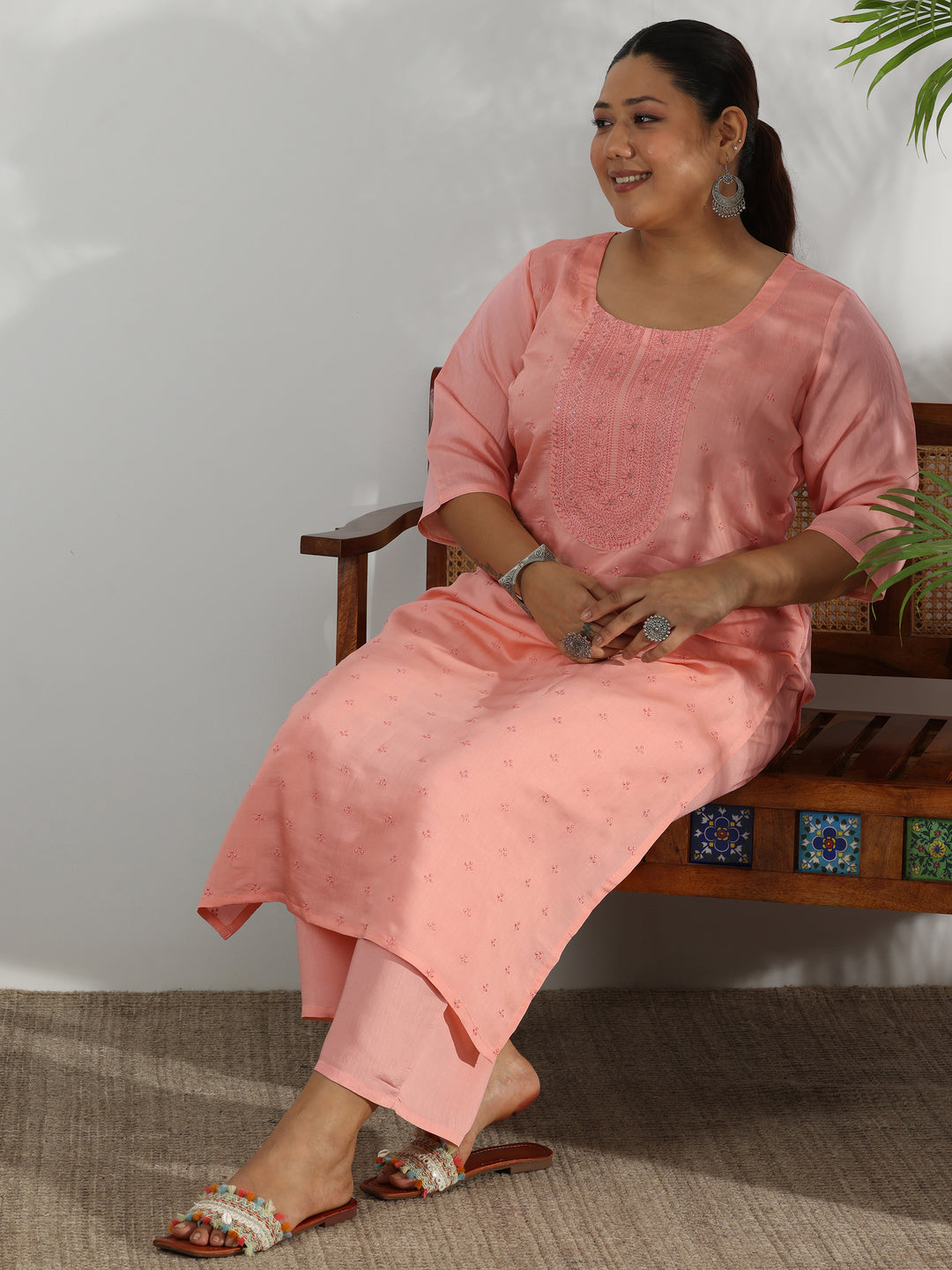  Plus Size Embroidered Silk Blend Straight Kurta Set 