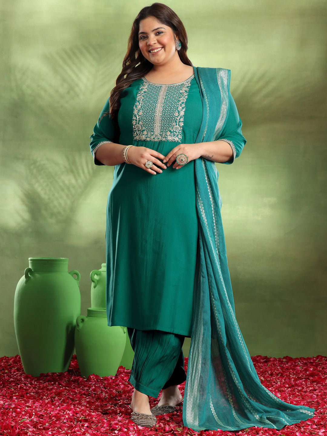 Plus Size Green Yoke Design Silk Blend Straight Suit With Dupatta