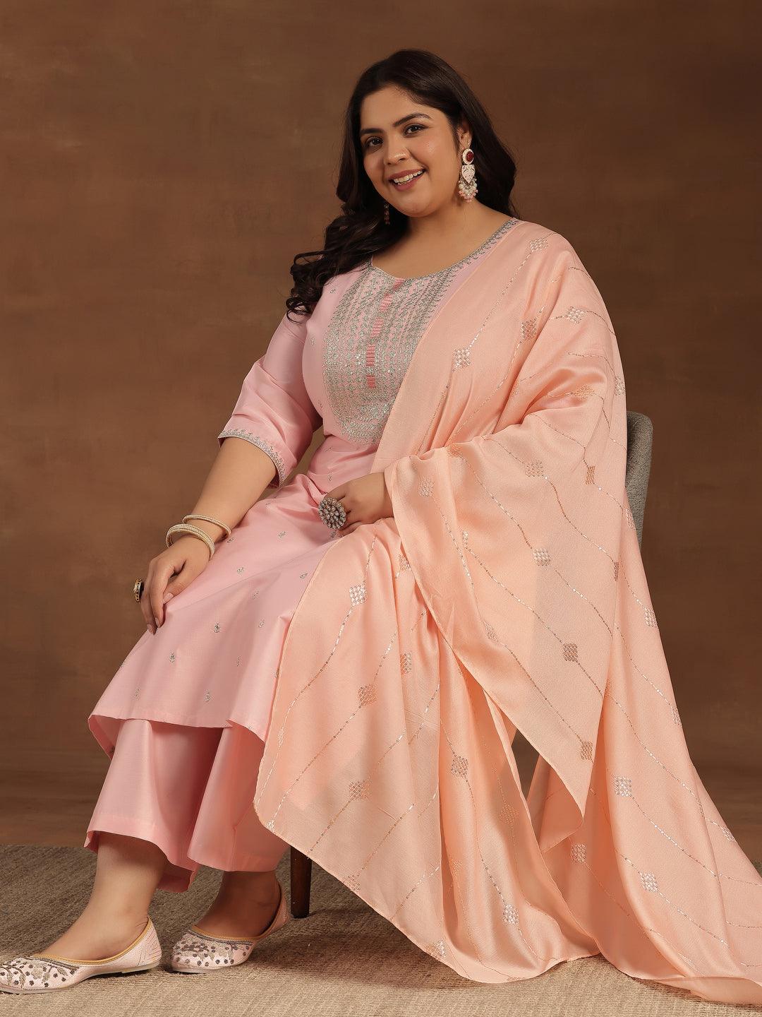 Plus Size Pink Embroidered Silk Blend Straight Suit With Dupatta - Libas