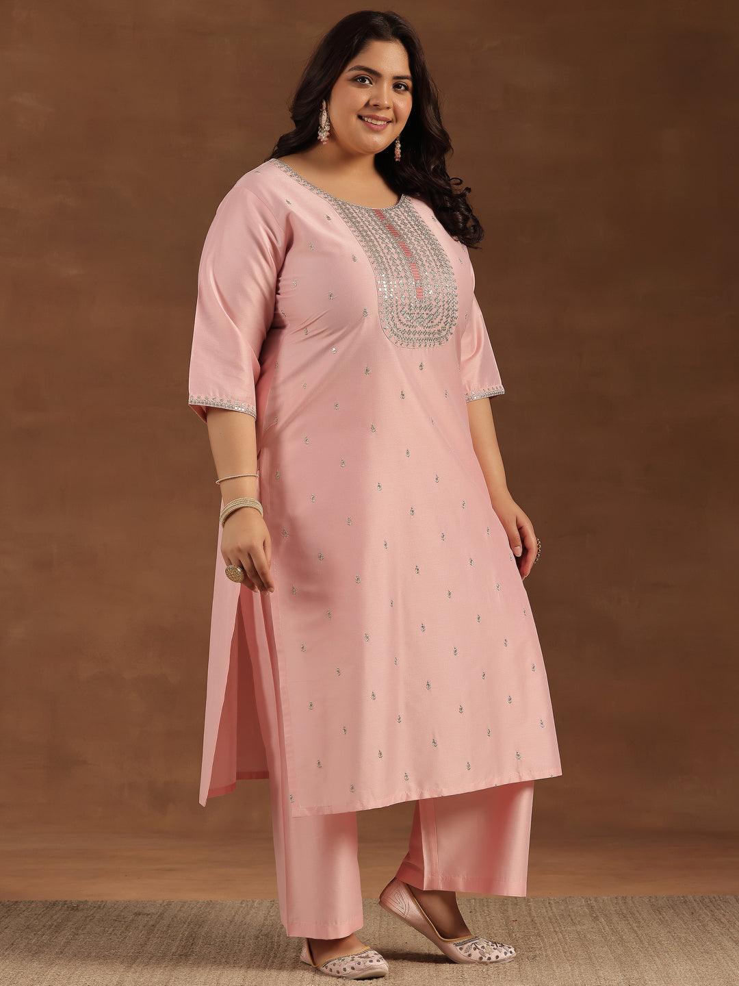 Plus Size Pink Embroidered Silk Blend Straight Suit With Dupatta - Libas