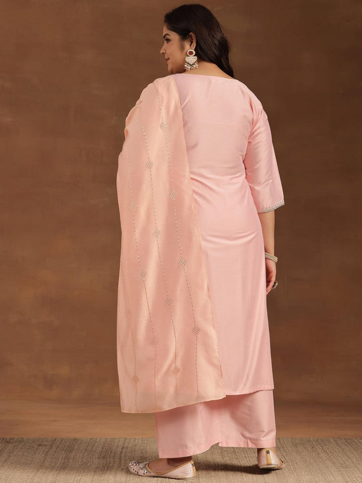 Plus Size Pink Embroidered Silk Blend Straight Suit With Dupatta - Libas