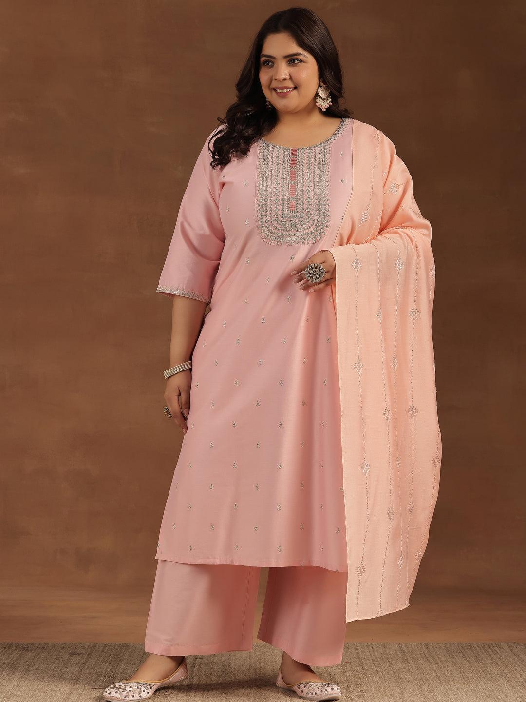 Plus Size Pink Embroidered Silk Blend Straight Suit With Dupatta - Libas