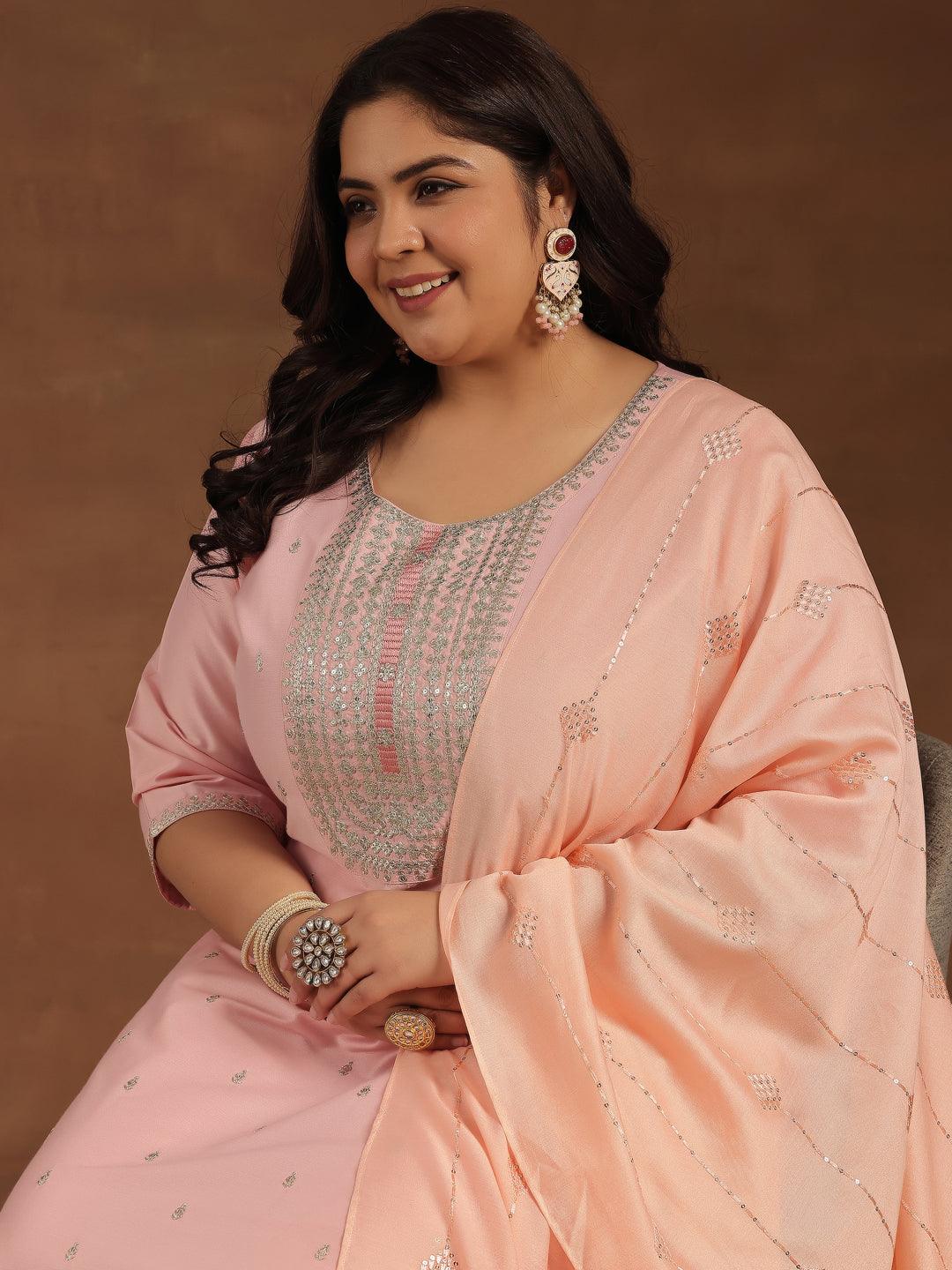 Plus Size Pink Embroidered Silk Blend Straight Suit With Dupatta - Libas