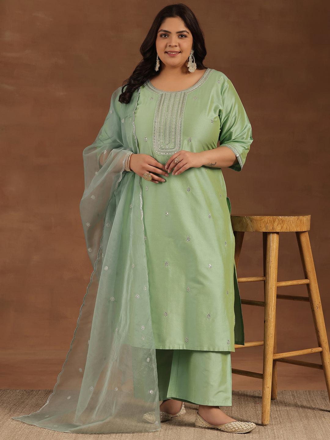 Plus Size Green Embroidered Silk Blend Straight Suit With Dupatta - Libas