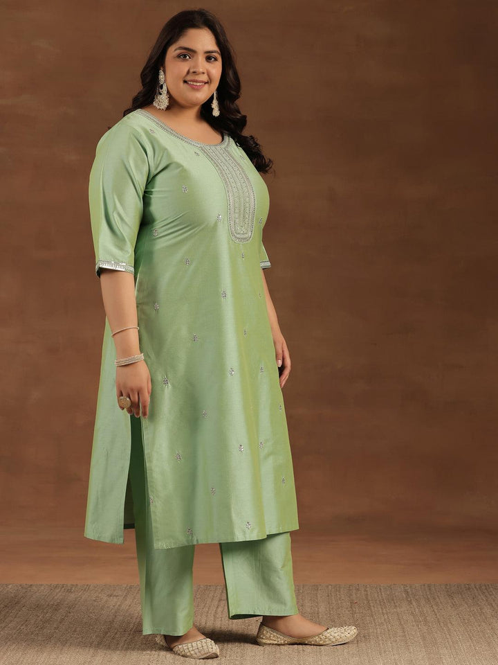 Plus Size Green Embroidered Silk Blend Straight Suit With Dupatta - Libas