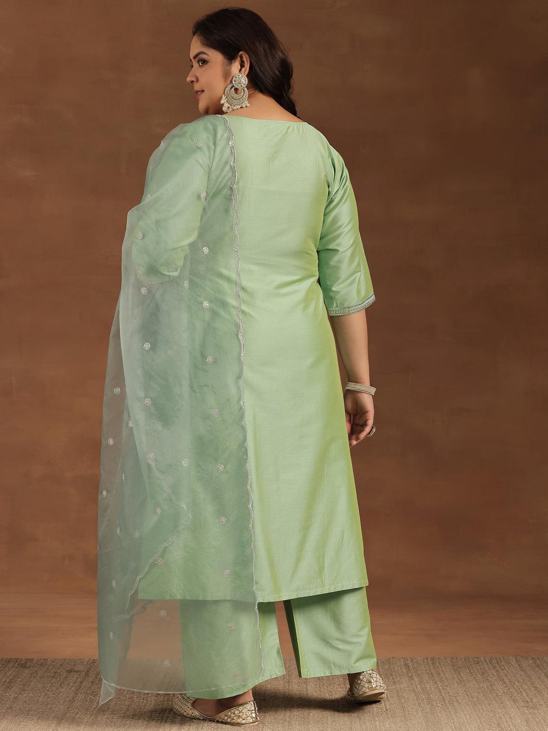 Plus Size Green Embroidered Silk Blend Straight Suit With Dupatta - Libas