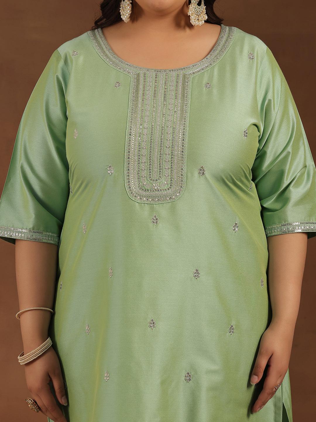 Plus Size Green Embroidered Silk Blend Straight Suit With Dupatta - Libas