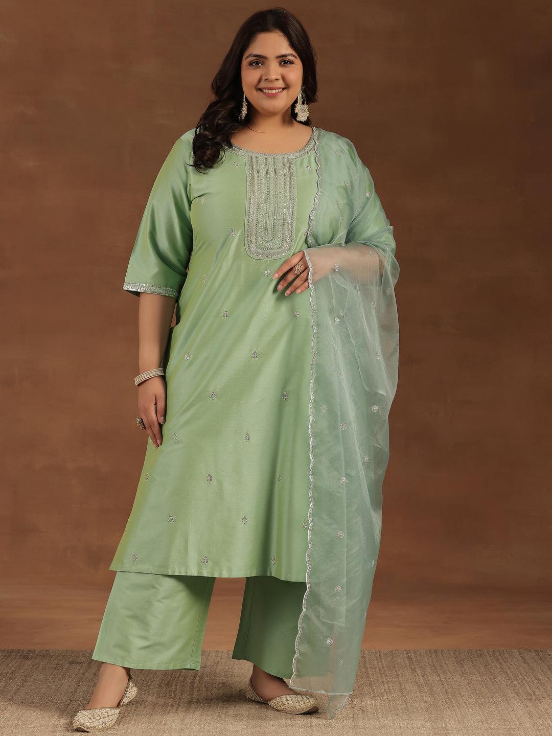 Plus Size Green Embroidered Silk Blend Straight Suit With Dupatta - Libas