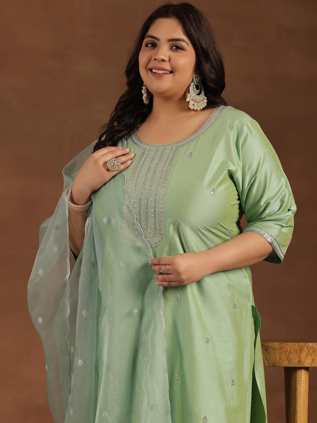 Plus Size Green Embroidered Silk Blend Straight Suit With Dupatta - Libas