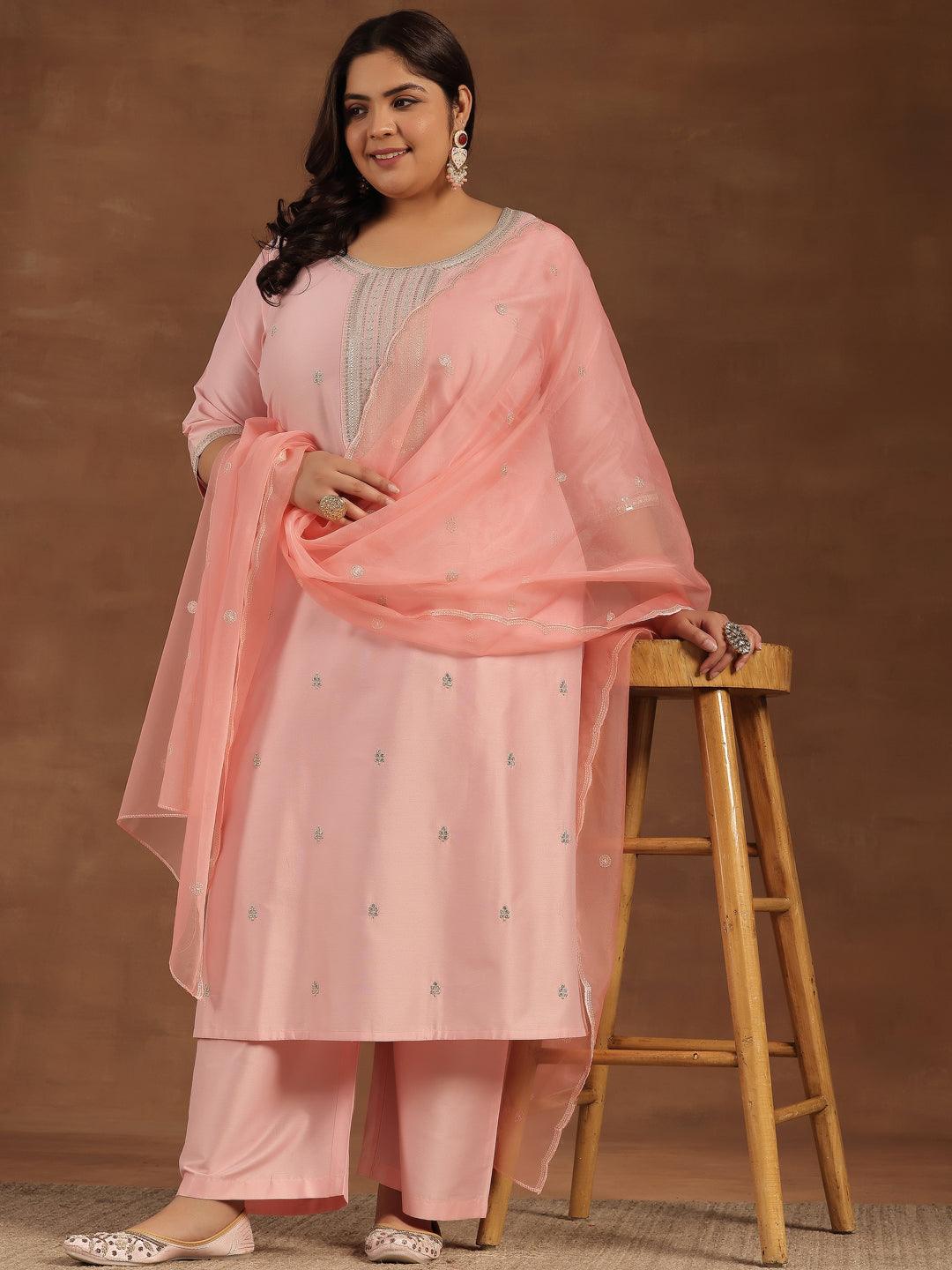 Plus Size Pink Embroidered Silk Blend Straight Suit With Dupatta - Libas