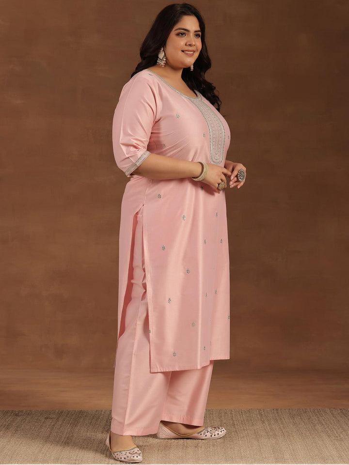 Plus Size Pink Embroidered Silk Blend Straight Suit With Dupatta - Libas