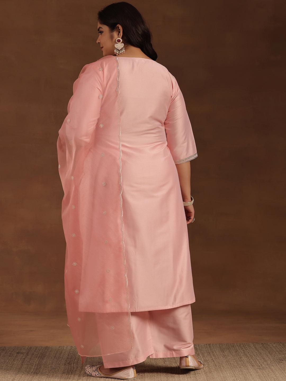 Plus Size Pink Embroidered Silk Blend Straight Suit With Dupatta - Libas