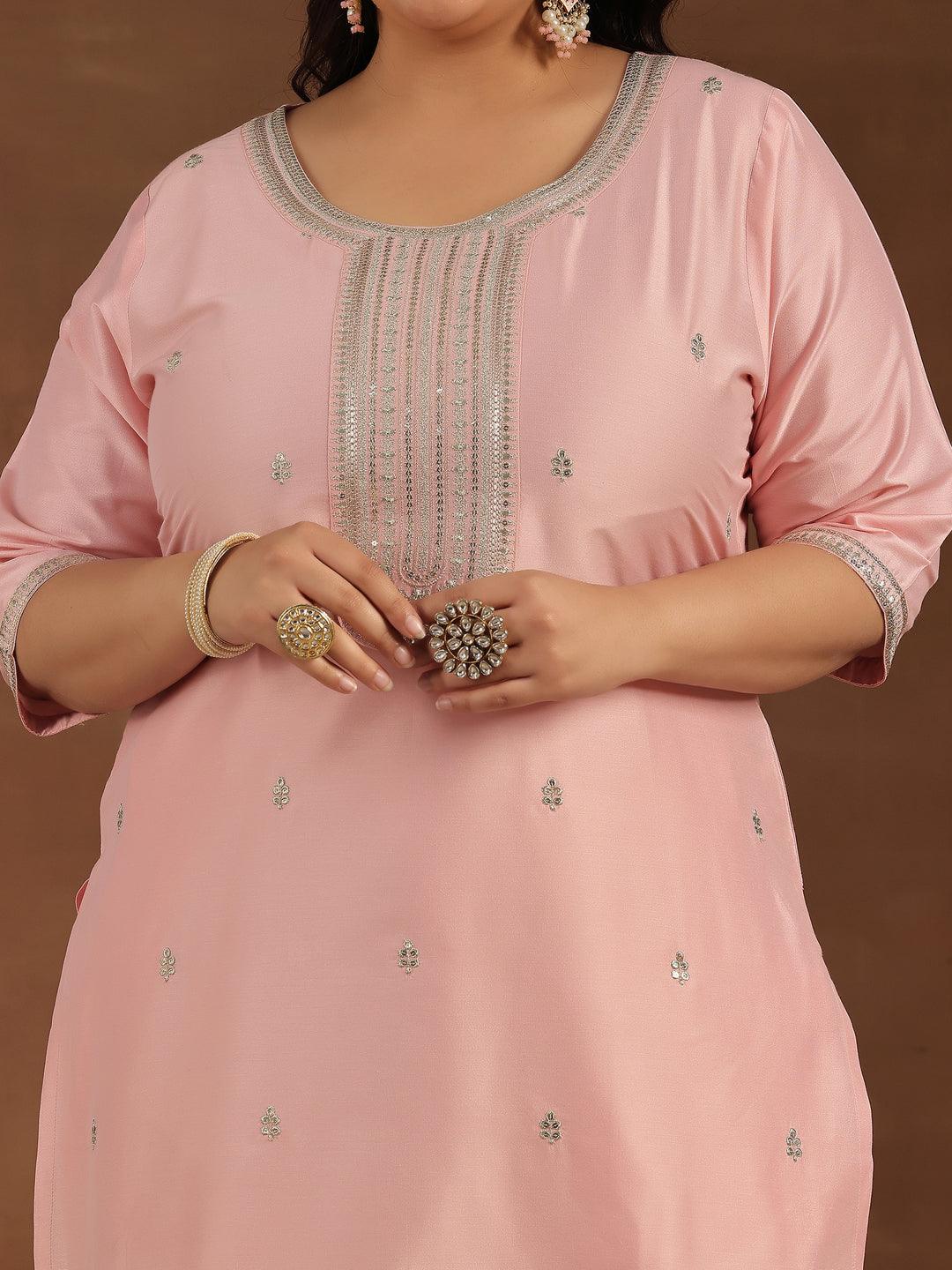 Plus Size Pink Embroidered Silk Blend Straight Suit With Dupatta - Libas