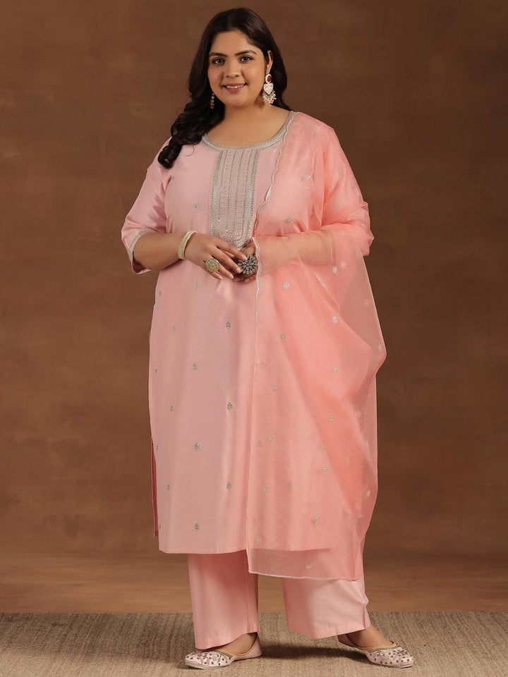 Plus Size Pink Embroidered Silk Blend Straight Suit With Dupatta - Libas