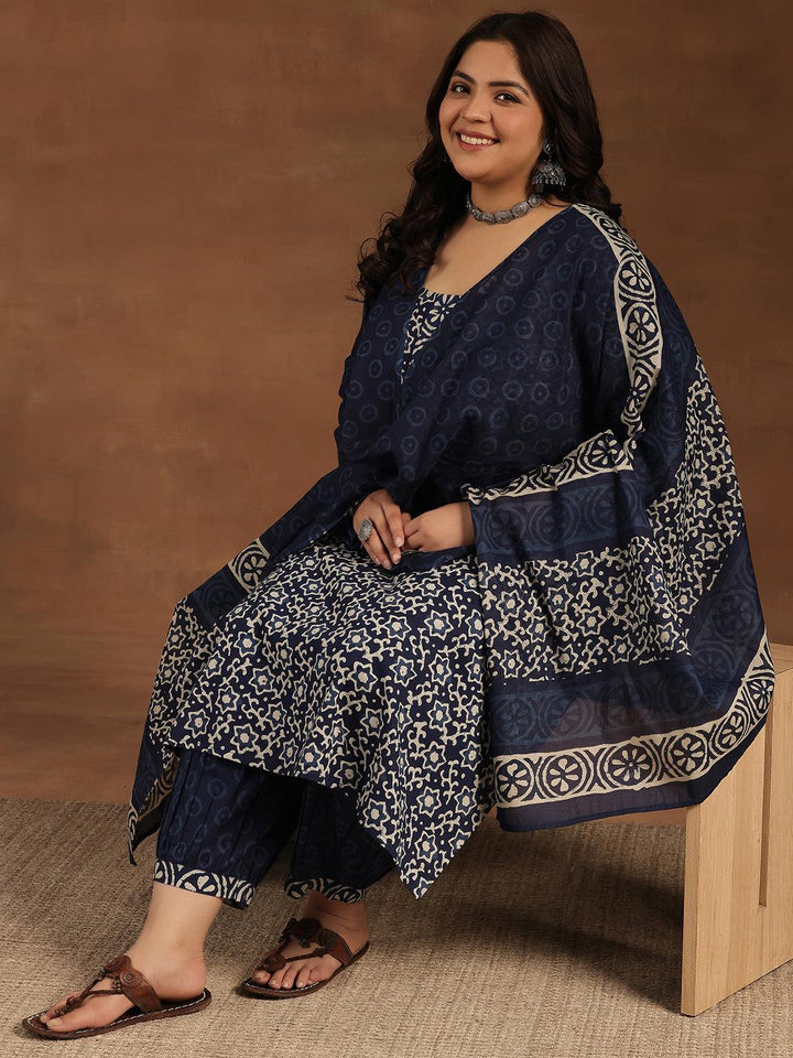 Plus Size Blue Printed Cotton Straight Suit With Dupatta - Libas