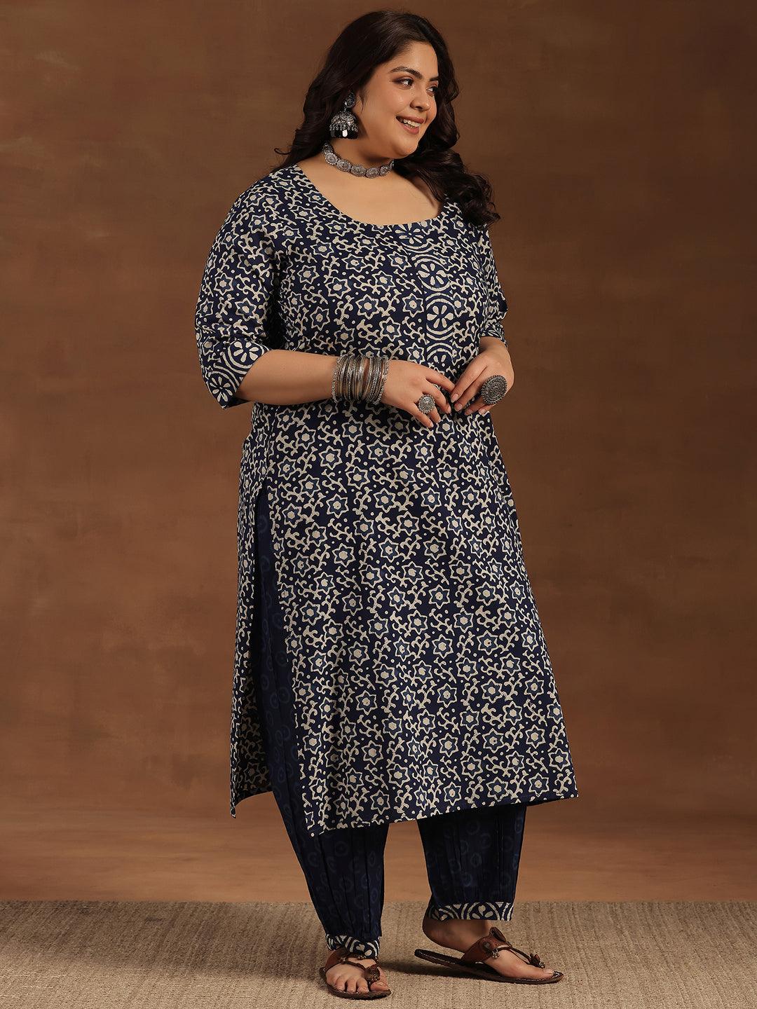 Plus Size Blue Printed Cotton Straight Suit With Dupatta - Libas