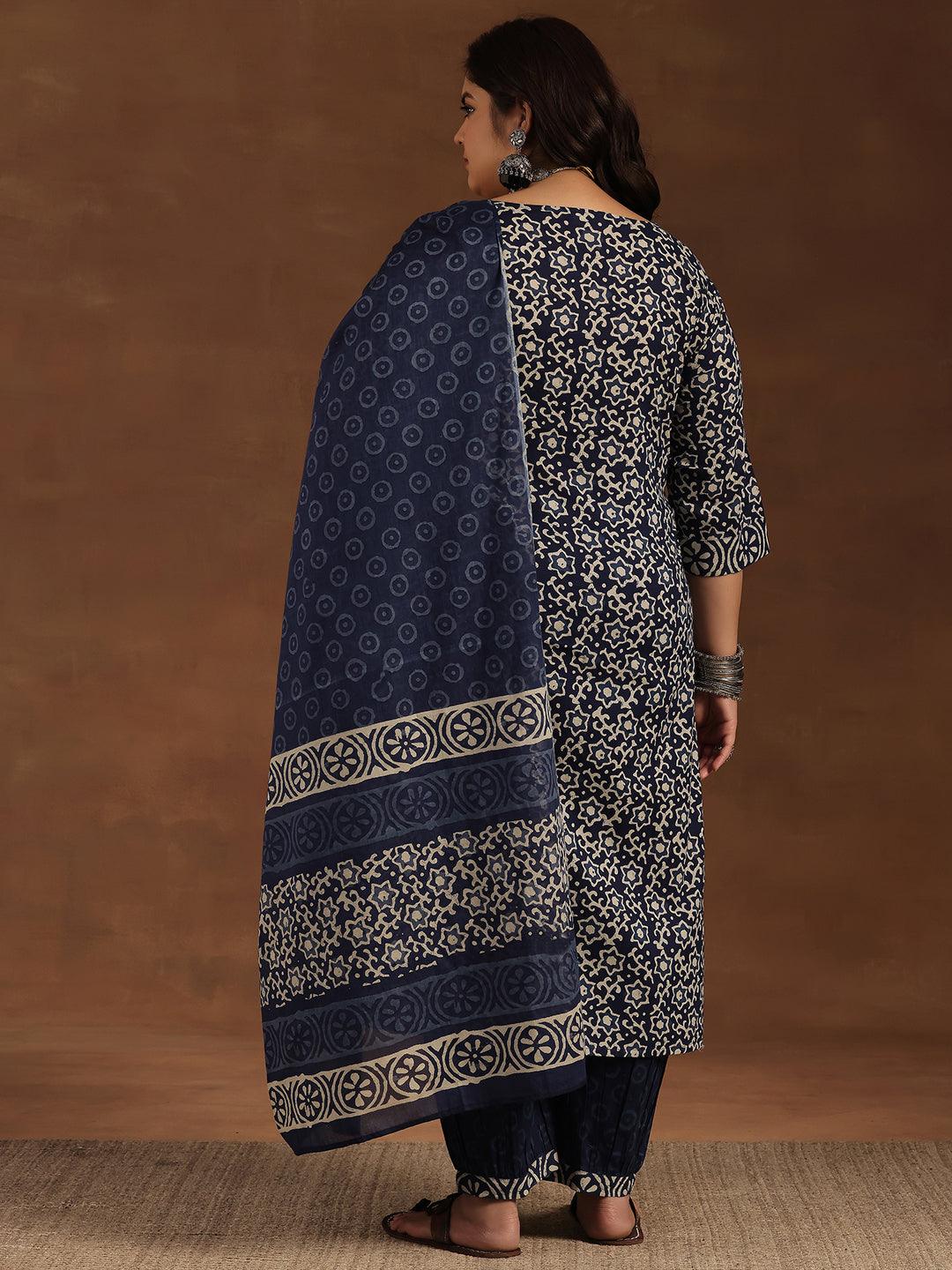 Plus Size Blue Printed Cotton Straight Suit With Dupatta - Libas