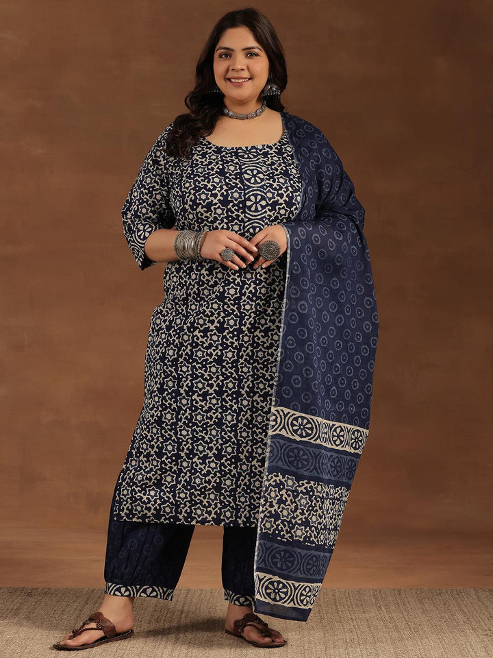 Plus Size Blue Printed Cotton Straight Suit With Dupatta - Libas