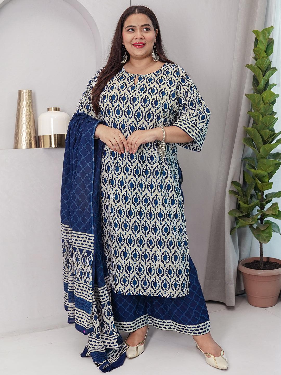 Plus Size Blue Printed Cotton Straight Suit With Dupatta - Libas