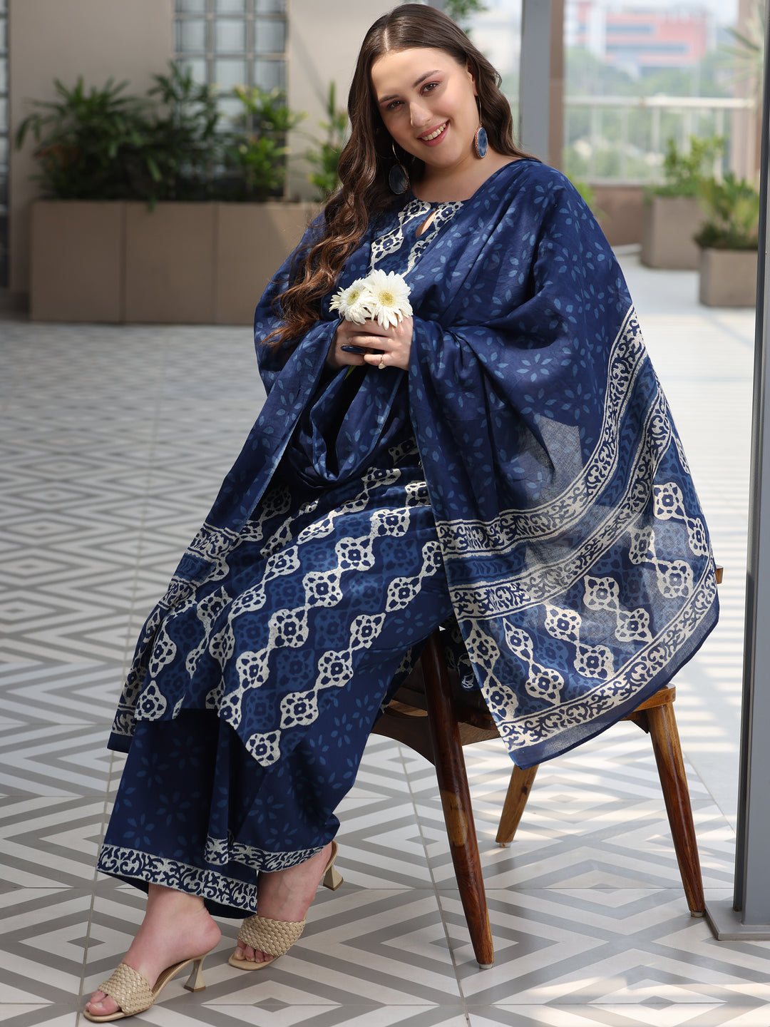 Plus Size Blue Printed Cotton Straight Suit With Dupatta