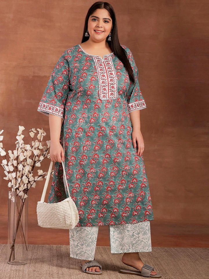 Plus Size Green Printed Cotton Straight Kurta With Palazzos - Libas