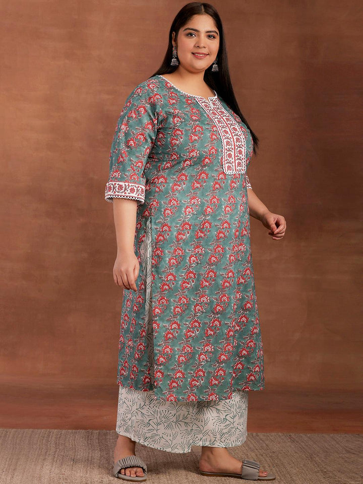 Plus Size Green Printed Cotton Straight Kurta With Palazzos - Libas