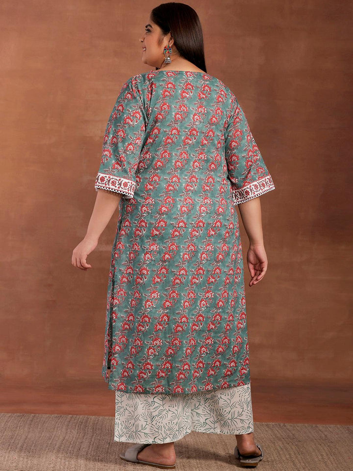 Plus Size Green Printed Cotton Straight Kurta With Palazzos - Libas