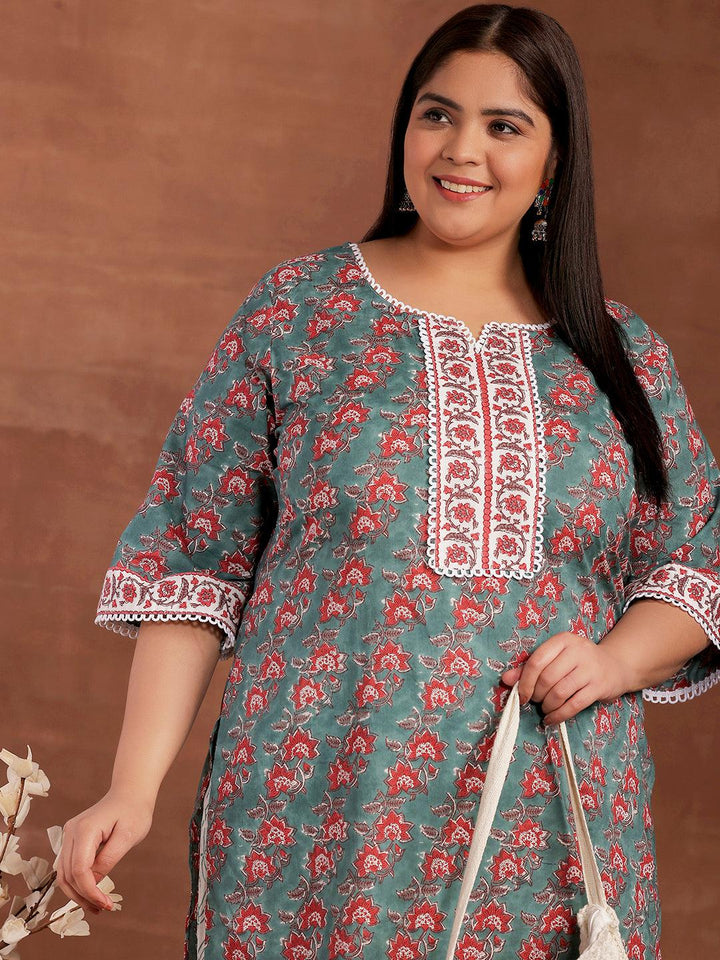 Plus Size Green Printed Cotton Straight Kurta With Palazzos - Libas