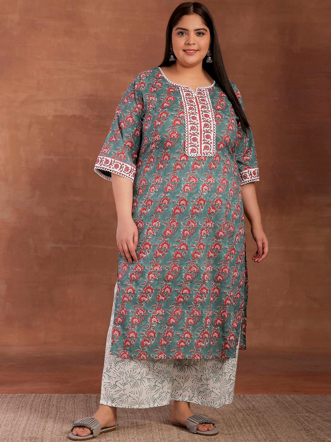 Plus Size Green Printed Cotton Straight Kurta With Palazzos - Libas