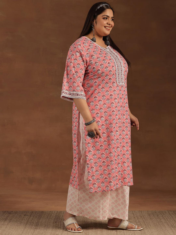 Plus Size Peach Printed Cotton Straight Kurta Set - Libas