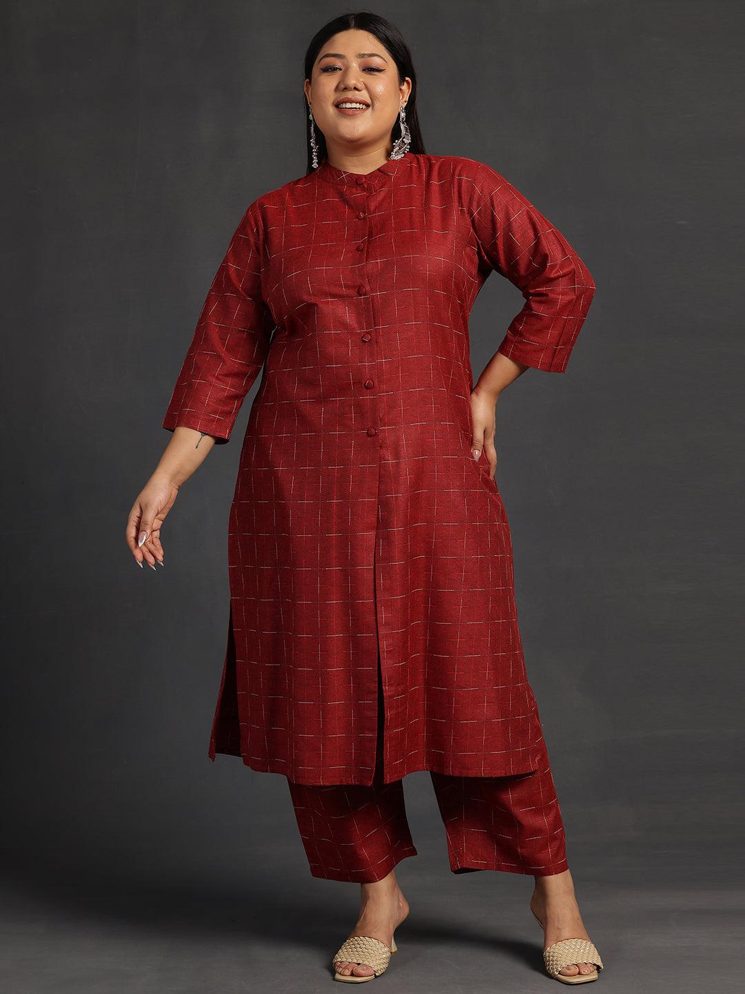 Plus Size Maroon Self Design Cotton Straight Kurta Set - Libas