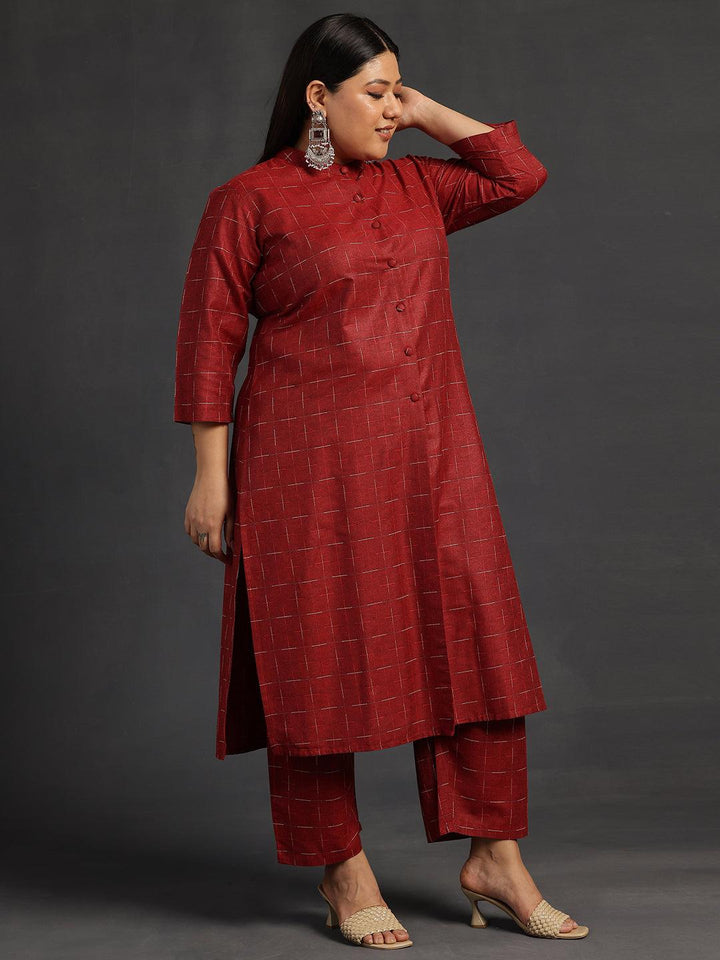 Plus Size Maroon Self Design Cotton Straight Kurta Set - Libas