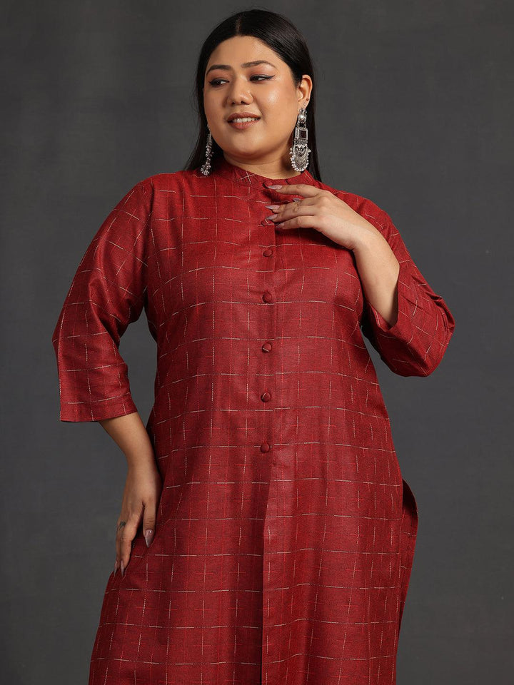 Plus Size Maroon Self Design Cotton Straight Kurta Set - Libas