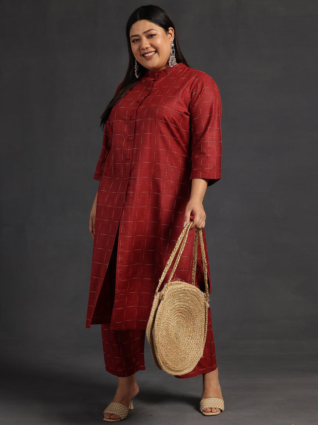 Plus Size Maroon Self Design Cotton Straight Kurta Set - Libas