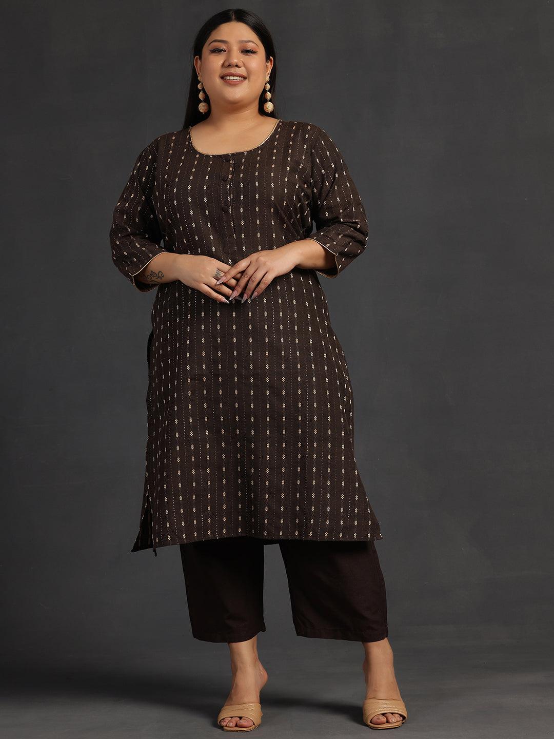 Plus Size Brown Self Design Cotton Straight Kurta Set - Libas