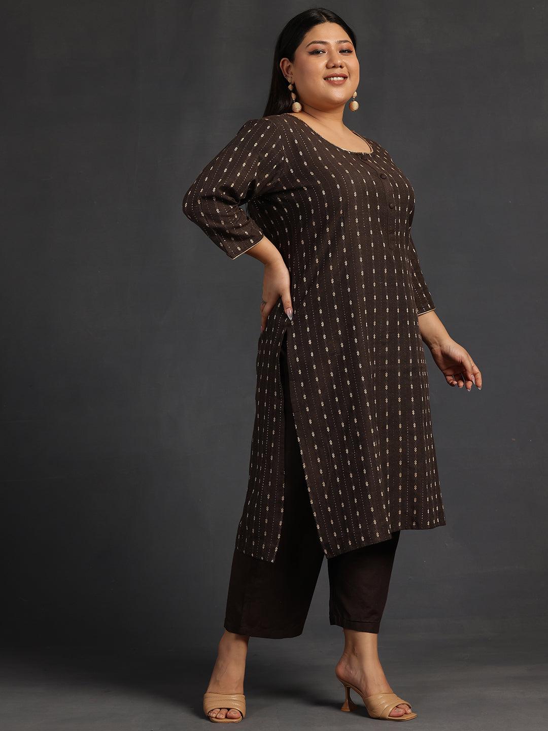 Plus Size Brown Self Design Cotton Straight Kurta Set - Libas