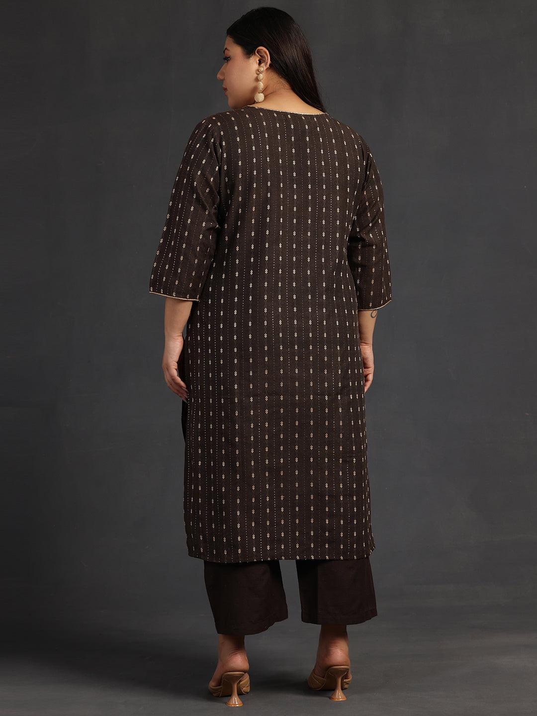 Plus Size Brown Self Design Cotton Straight Kurta Set - Libas