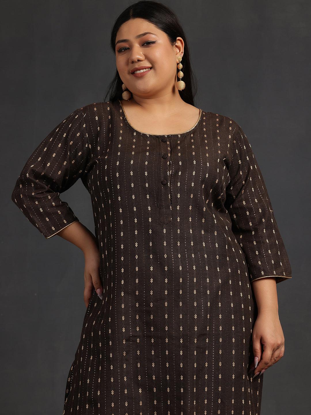 Plus Size Brown Self Design Cotton Straight Kurta Set - Libas