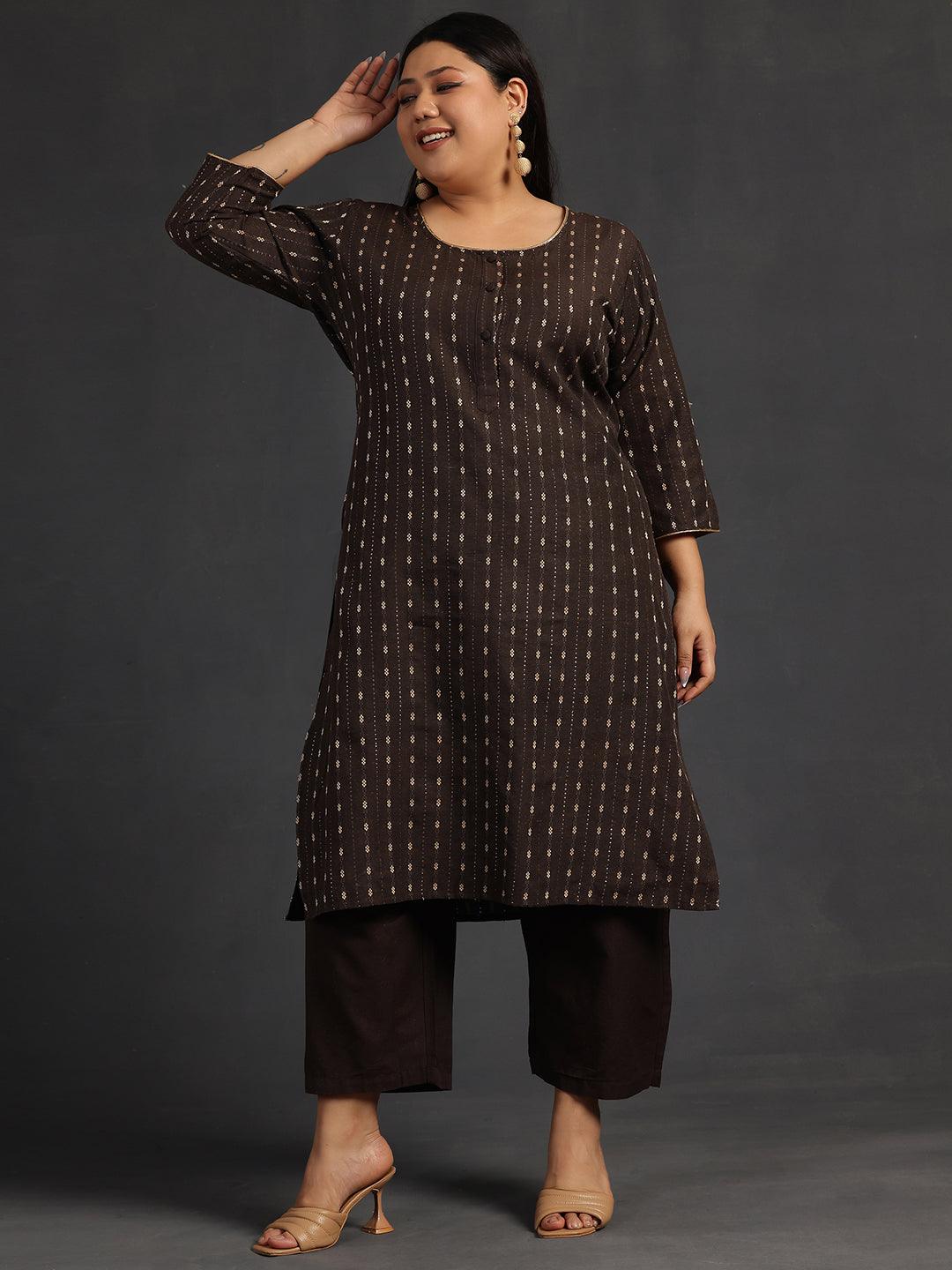 Plus Size Brown Self Design Cotton Straight Kurta Set - Libas