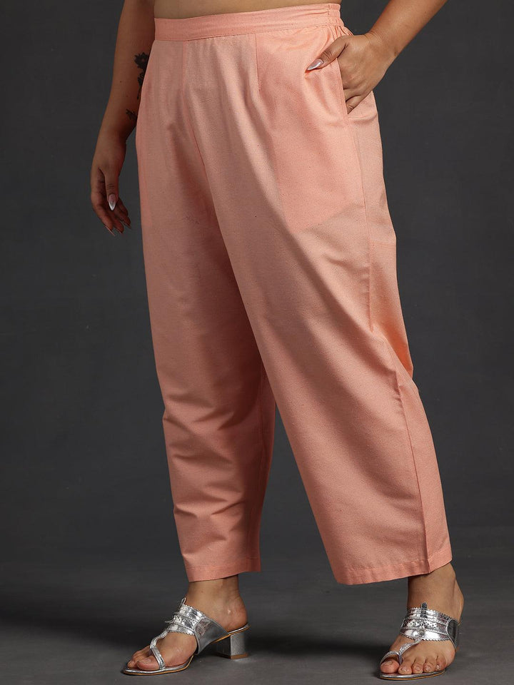 Plus Size Peach Self Design Cotton Straight Kurta Set - Libas